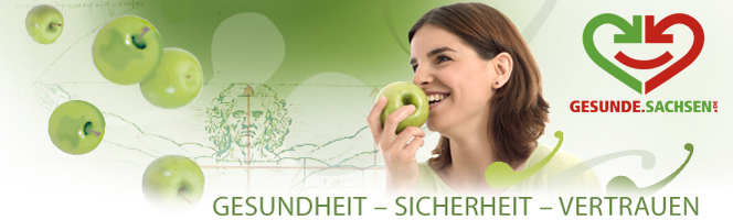 Bildmontage: Gesundheitssymbol Da Vinci und grüne Äpfel. Lächelnde Frau mit Apfel in der Hand.